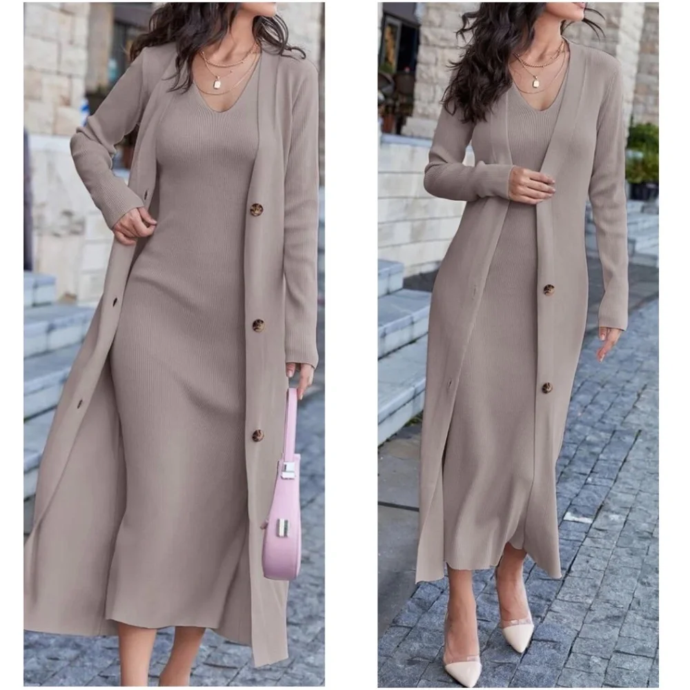 Classic Sleeveless Midi Dress Button Down Long Cardigan Set - Picture 4 of 11